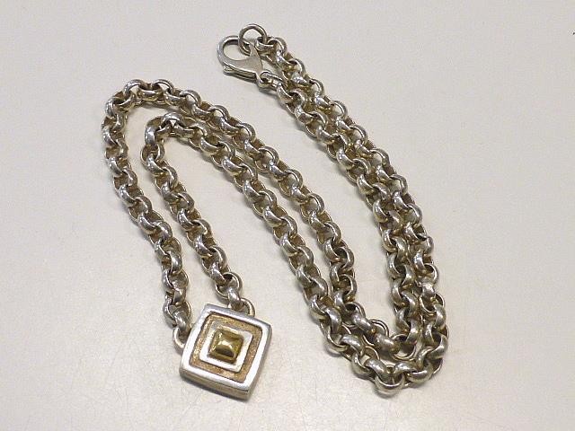 BAYANIHAN Sterling silver 925 & 18K Gold Square Pendant Necklace 17″ Vintage