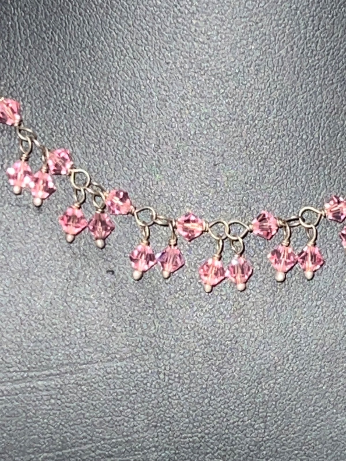 Vtg 925 Sterling Silver Wire w/ Dangling Pink Faceted Bicone Crystals Necklace