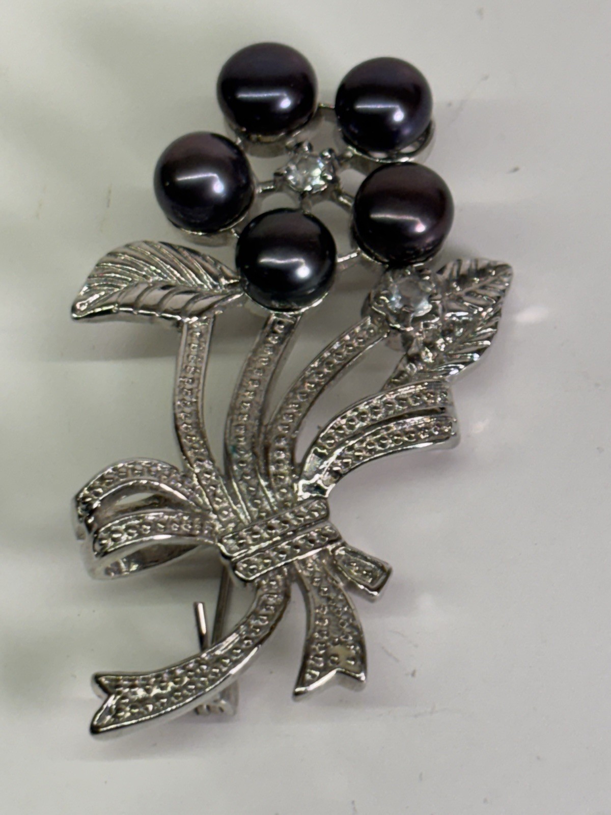 Dark Gray Pearl And Rhinestones In Silver Setting Brooch