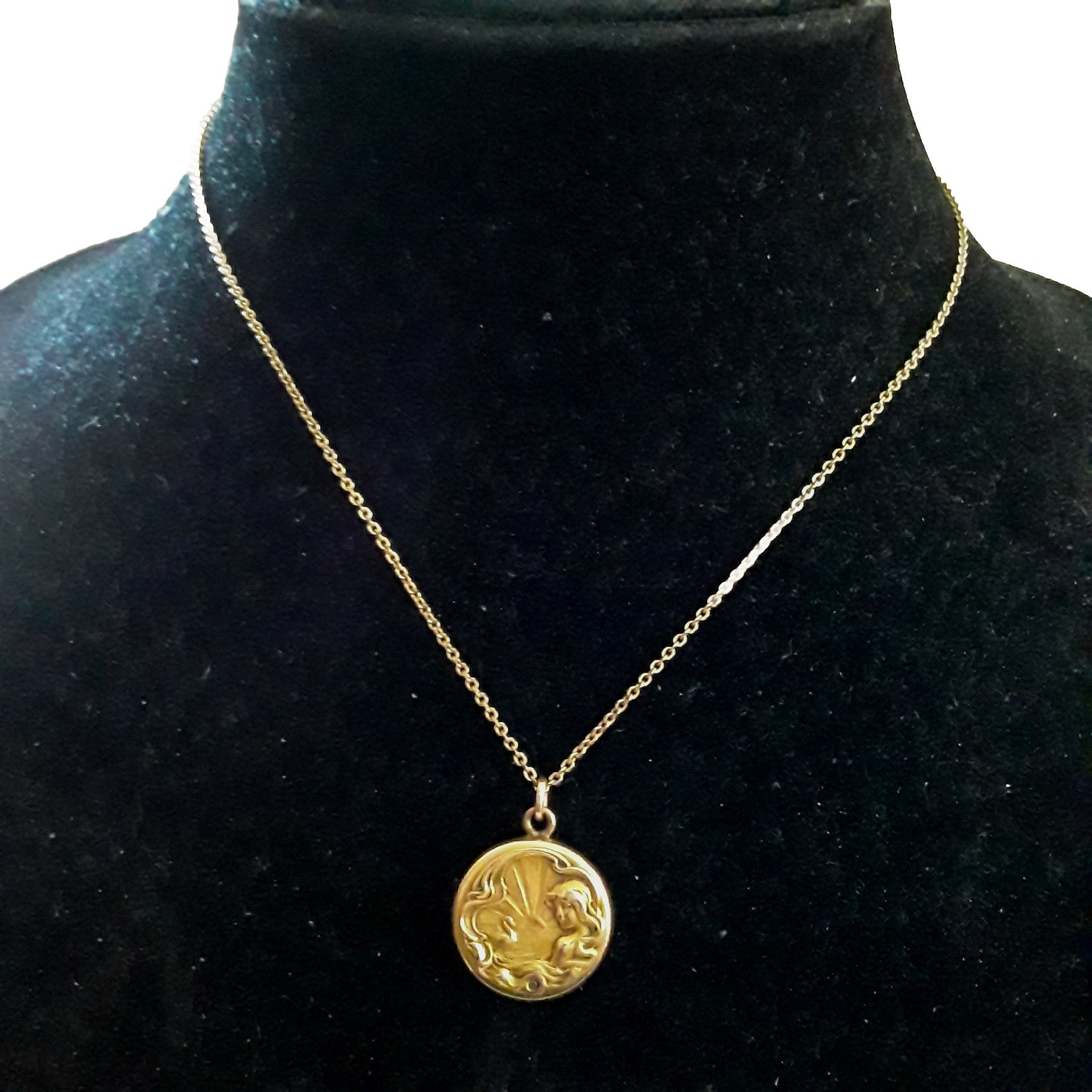 Art Nouveau Lady Locket Pendant & Chain Goddess Swan Rising Sun Gold Filled C&QR