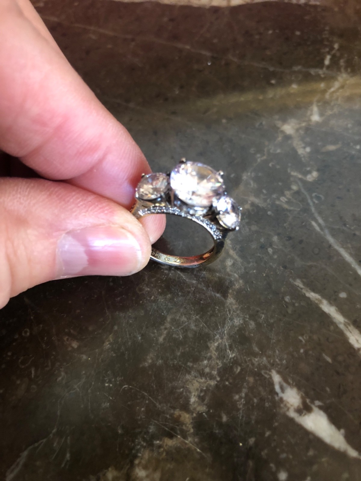 Engagement ring band gold tone 3 stone glass estate vintage 5 carat TW