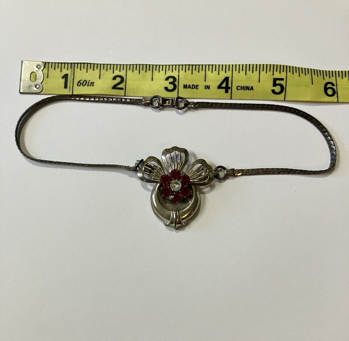 Harry Iskin Silver Necklace red and white rhinestones. 1930s-1950s era.