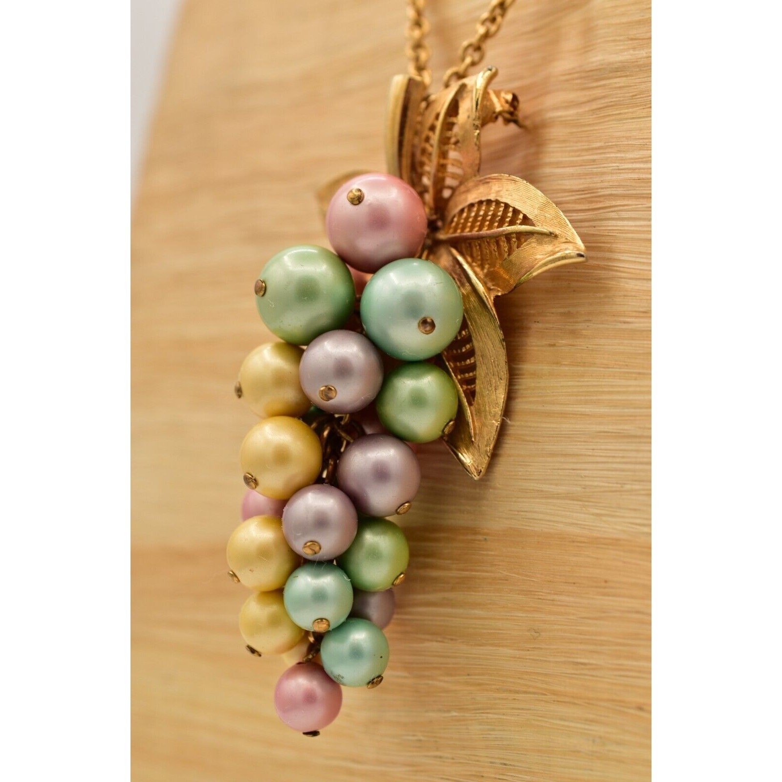 Vintage Grape Pendant Necklace Brushed Gold Multi-Color Cluster Vine Pastel BinK