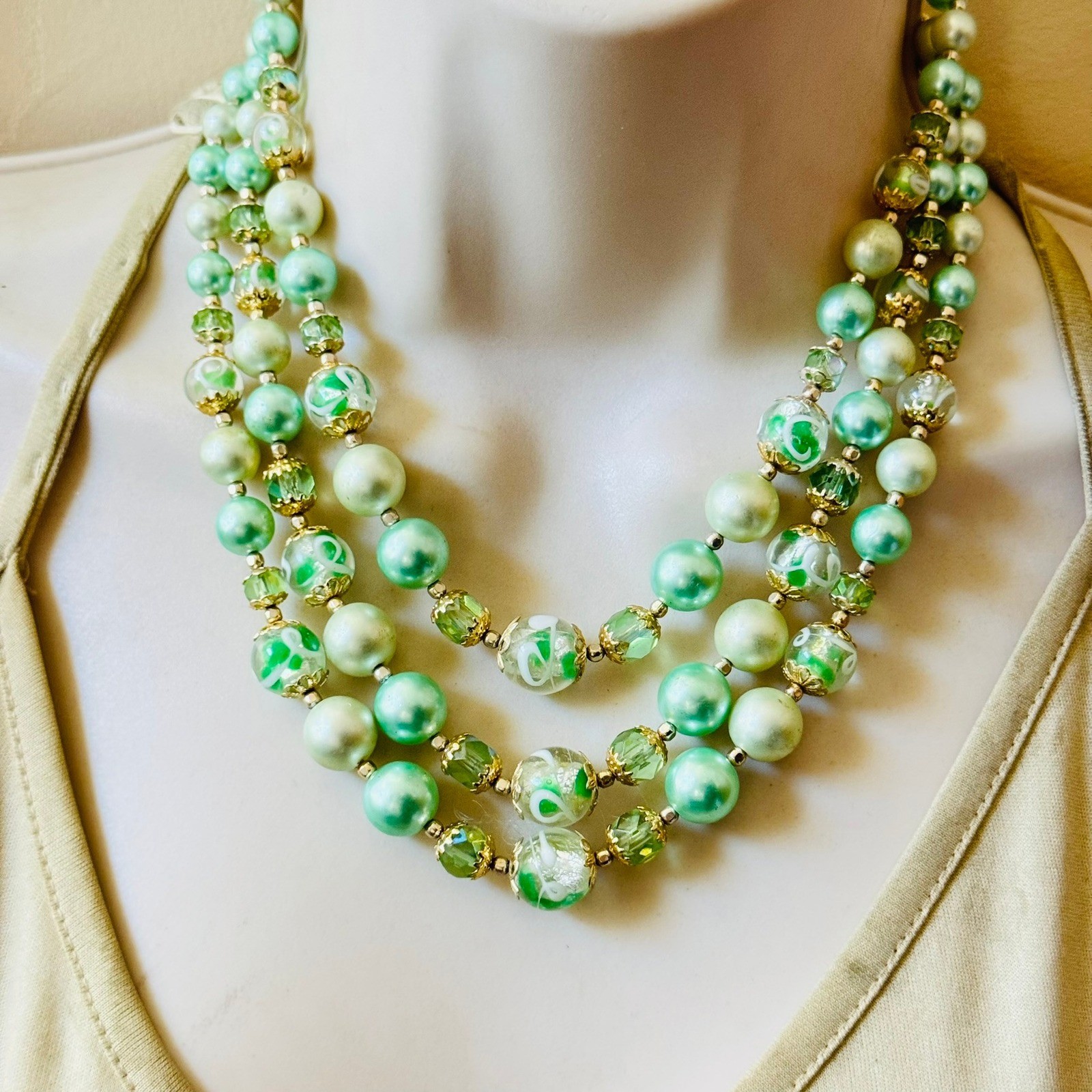 Japan Necklace VTG Pearl Green Glass AB crystal Multi Beads triple strand 18″
