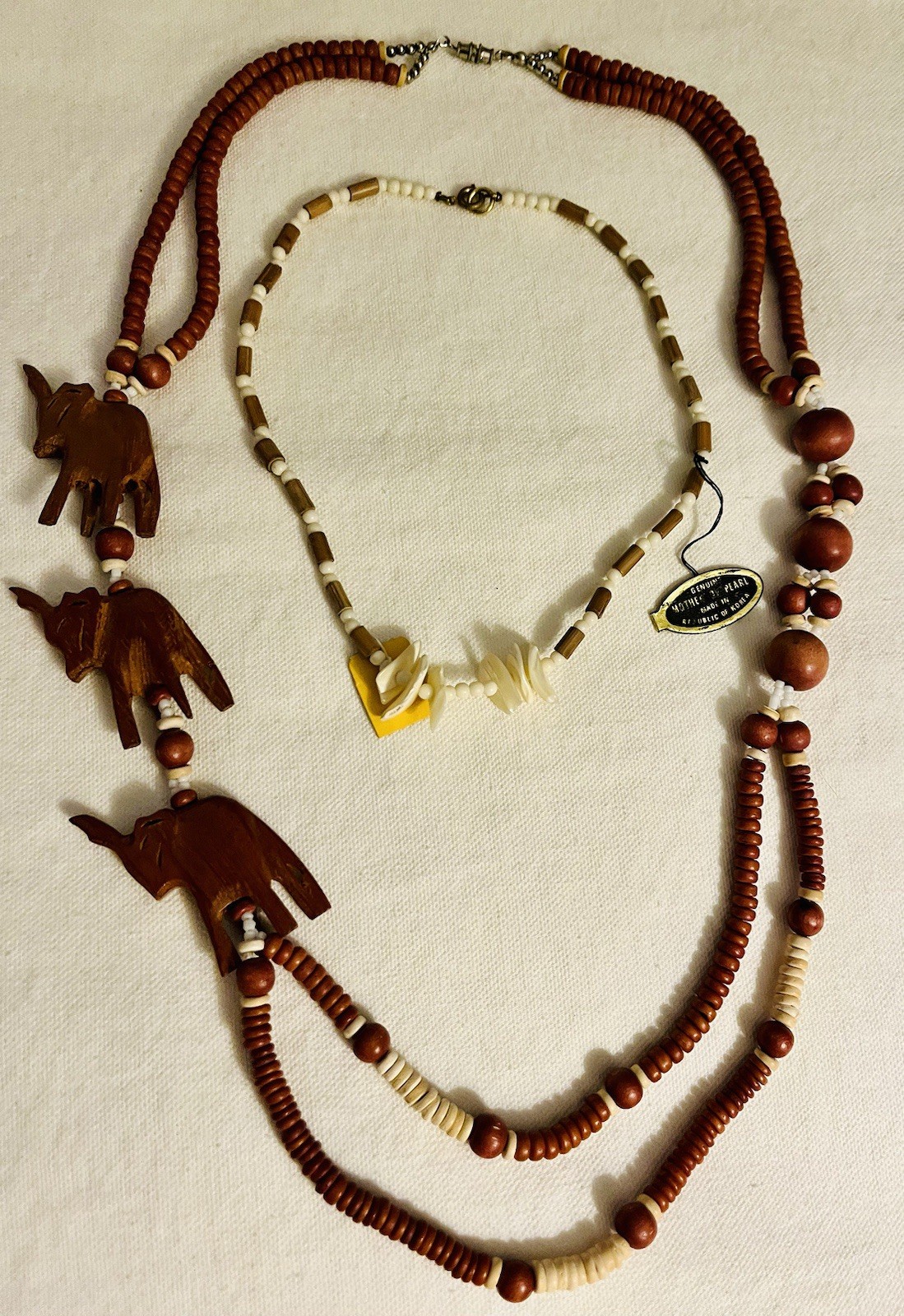 Lot 2 Vintage Estate Necklaces African Safari Elephants Tribal MOP Necklace