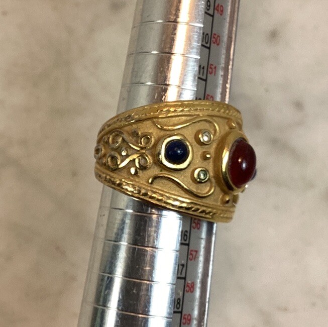 Vintage Gold Plated Byzantine Greek Faux Ruby Sapphire Peridot Ring Size 7