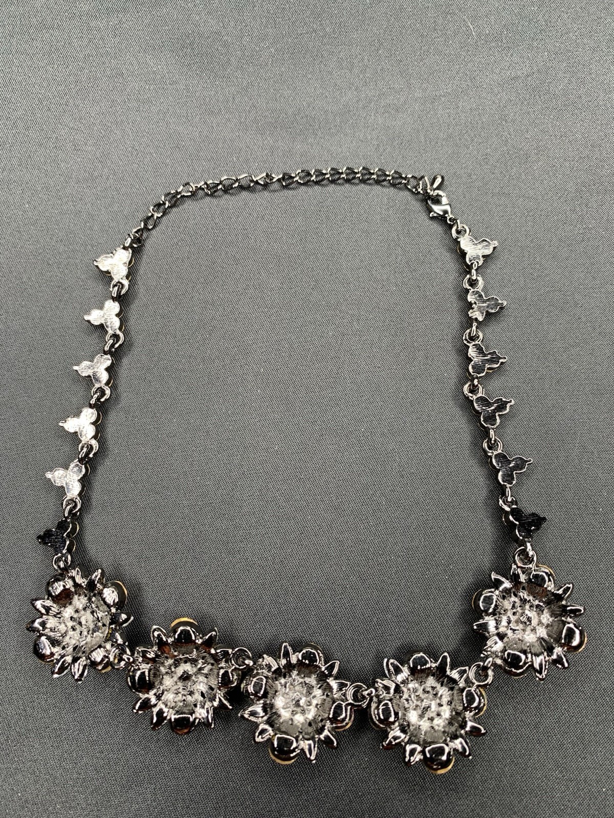 Pink Flower Shape Rhinestone Black Gun Metal Necklace 14” Choker