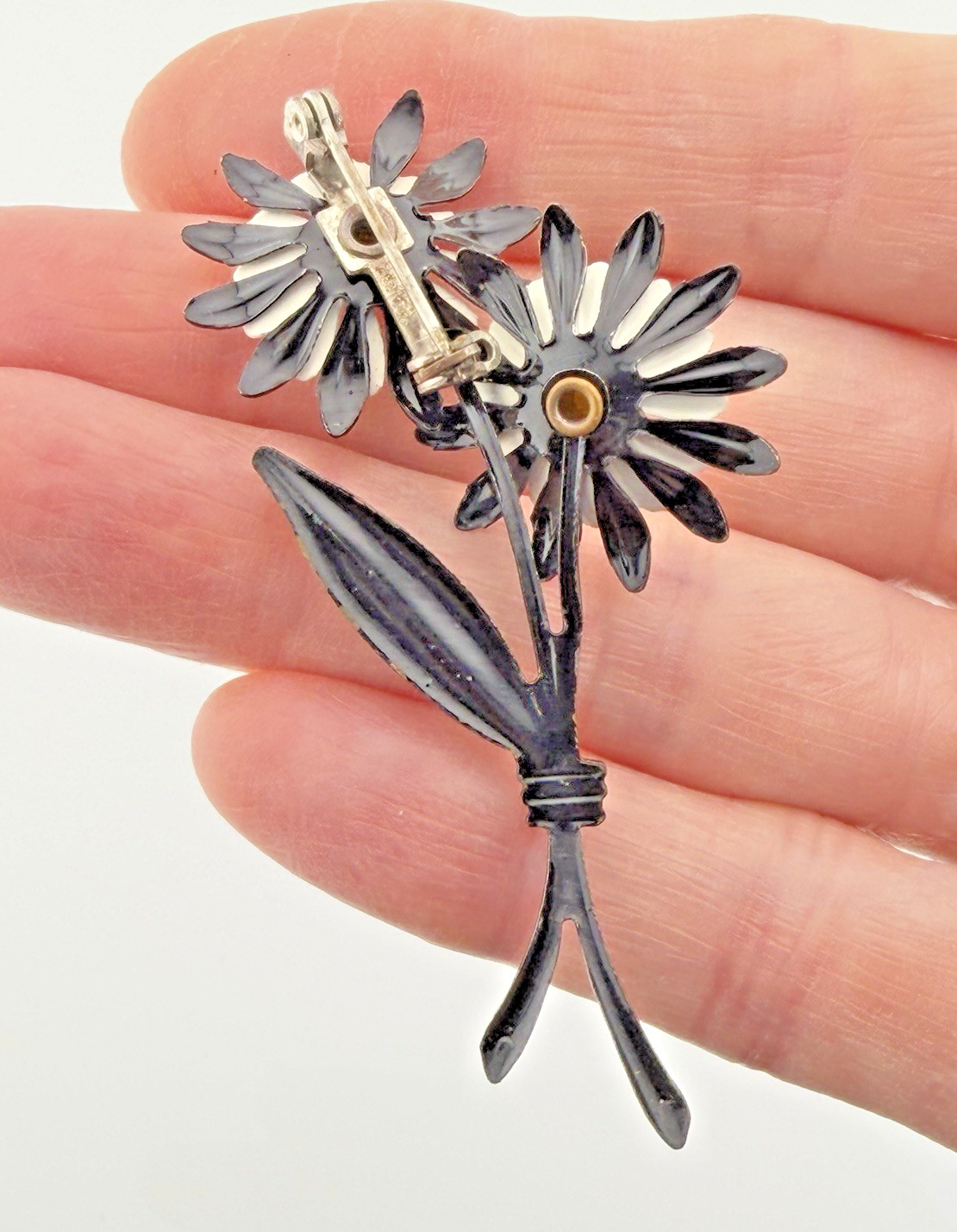 Vintage 1960s Enamel Flower Brooch Lot of 2 Black Yellow Pop Art Mod Retro Daisy