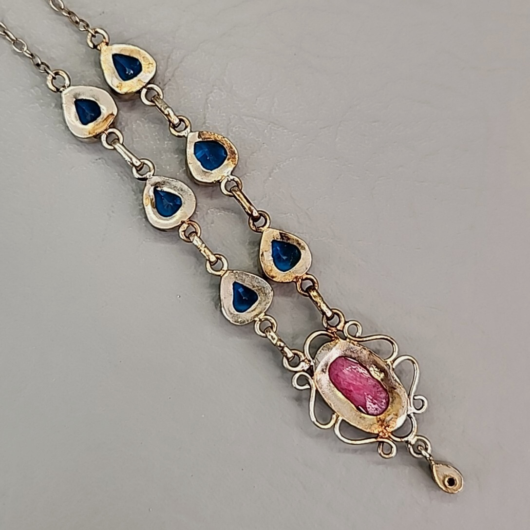 Vintage Glass Bead Necklace Blue Beads Pink Quartz Artisan Silver Tone 18.75″