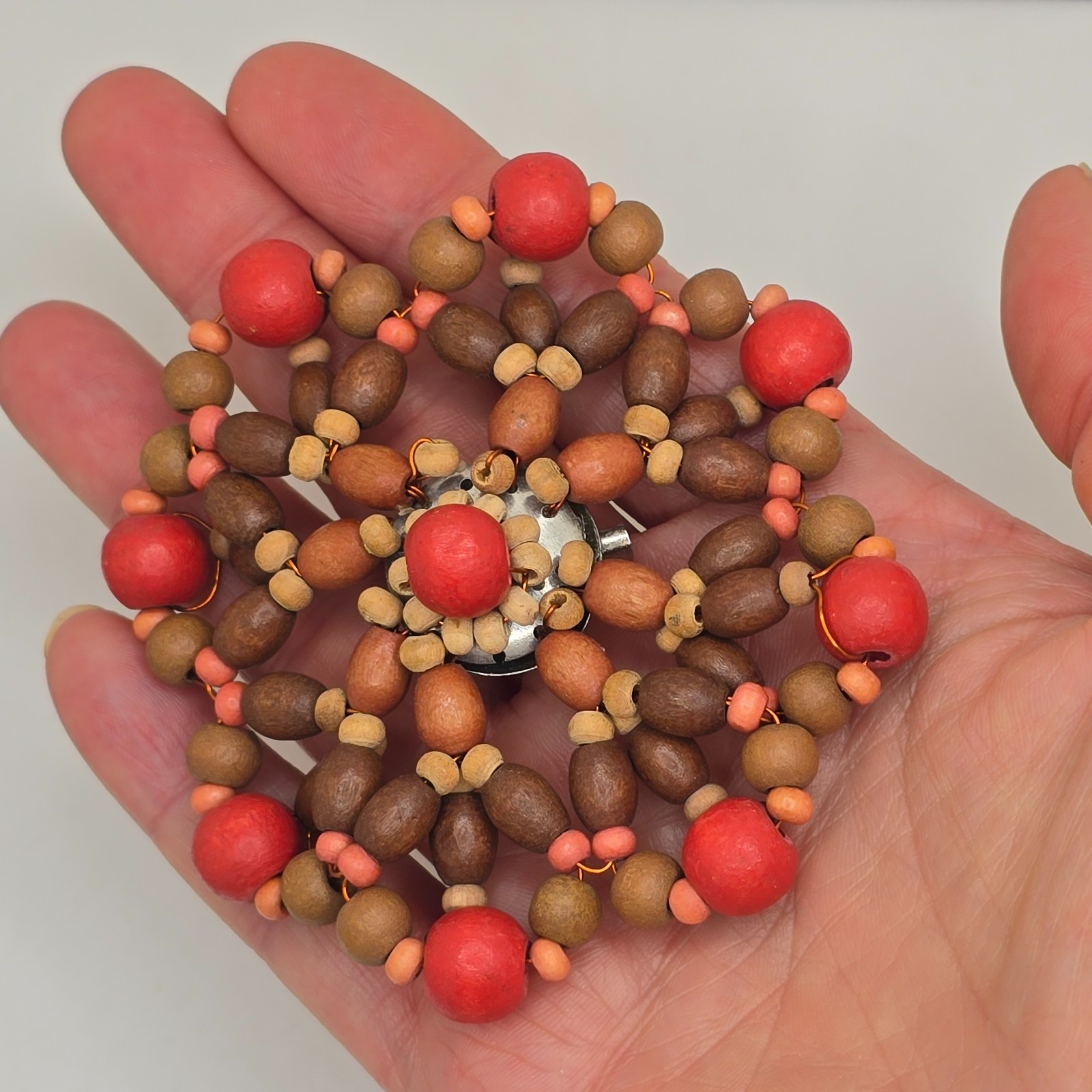 Vintage Boho Brooch 70s Wooden Bead Flower Handmade Copper Wire Folk Art Pin