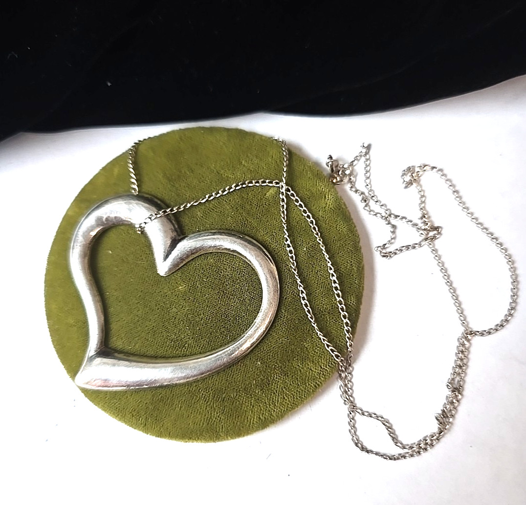 Vintage Sterling Silver 925 Puff Heart Pendant 2″ W Chain Necklace 24″ L