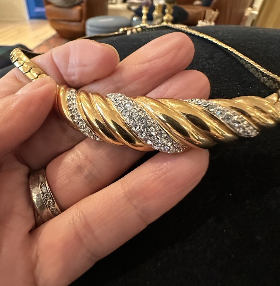 Vintage Swarovski Diamanté Ribbed Ribbon Gold Plated Runway Collar/Mob Wife/Glam