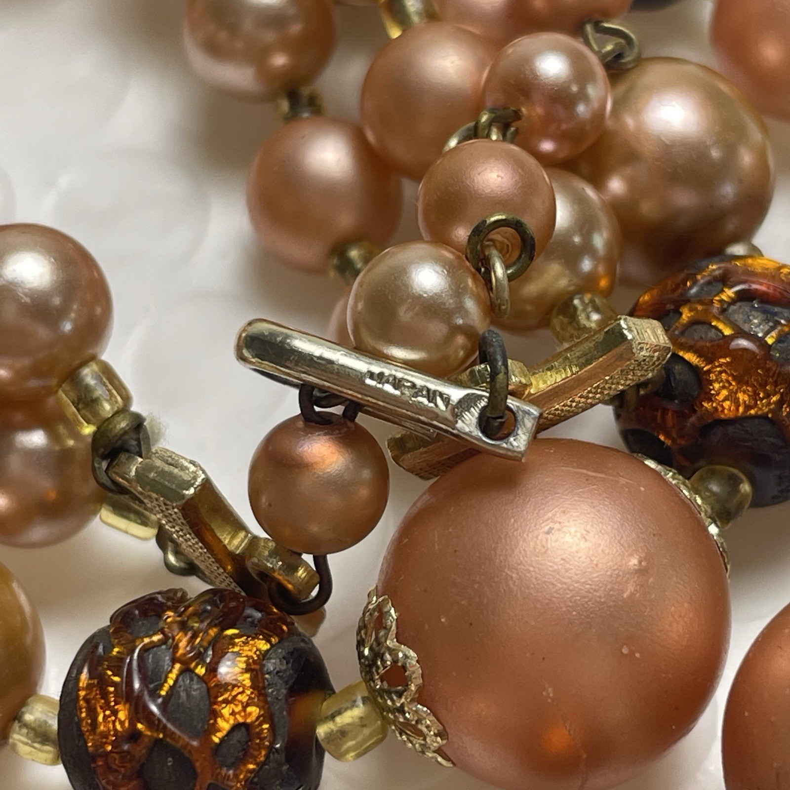 VTG Peach Brown Gold Double Strand Necklace Made In Japan Adjustable