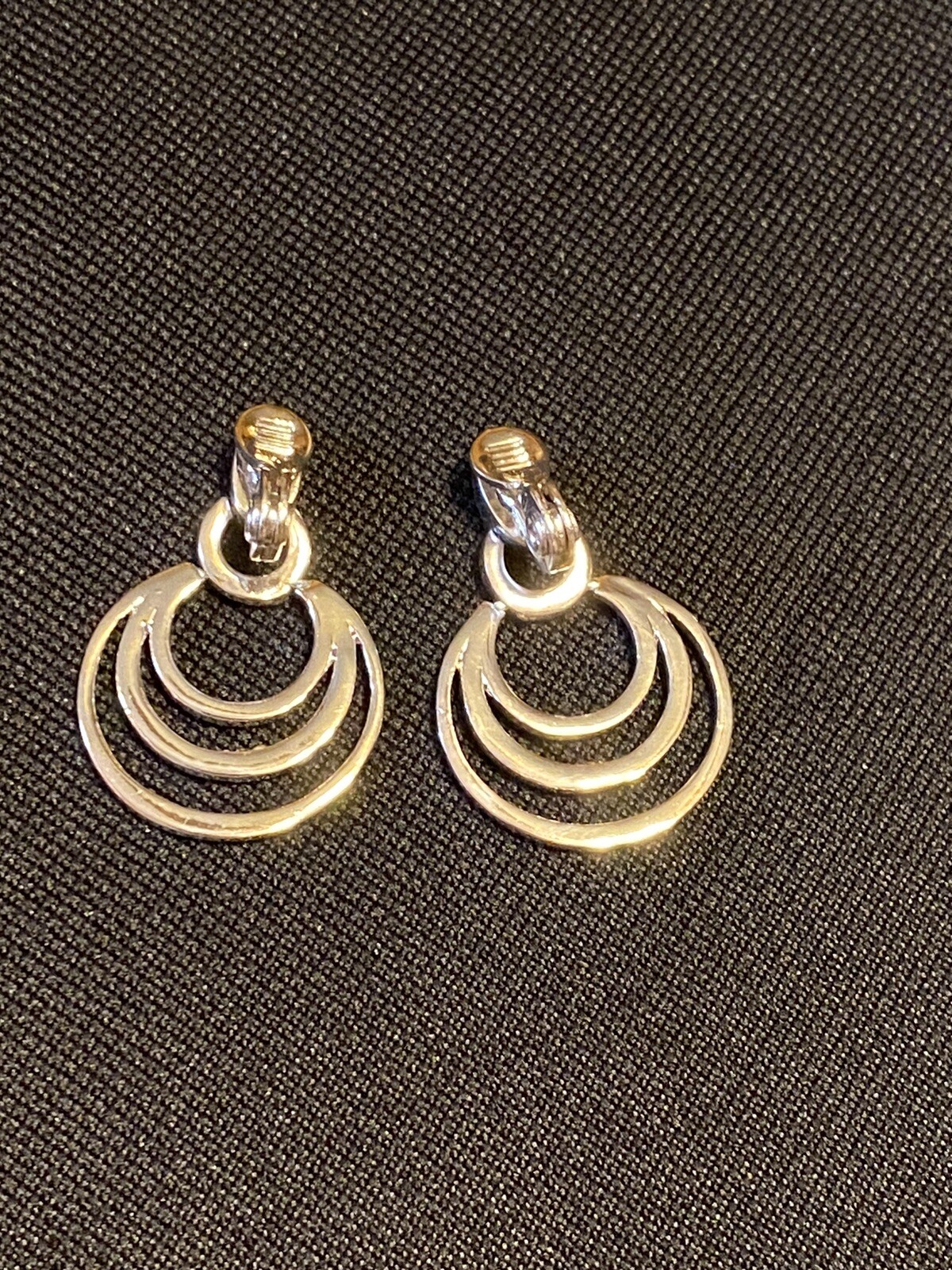HMN Silver-tone with White Rhinestones Dangle Hoop Clip On Earrings