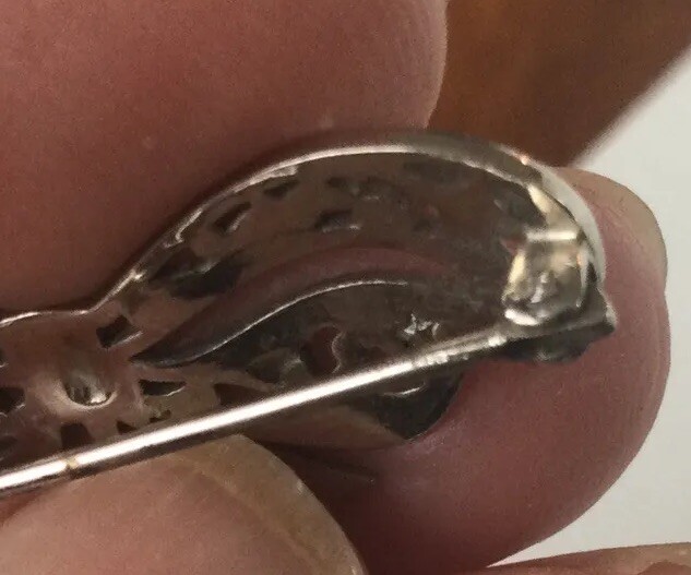 Silver Lace Pin Marked W/Star C Clasp Safety Lock Open Work Bow