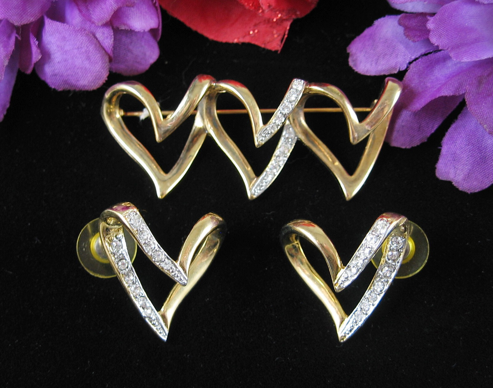 3/2 Rhinestone HEARTS Vintage PIN & EARRINGS Brooch Pierced Goldtone Silvertone