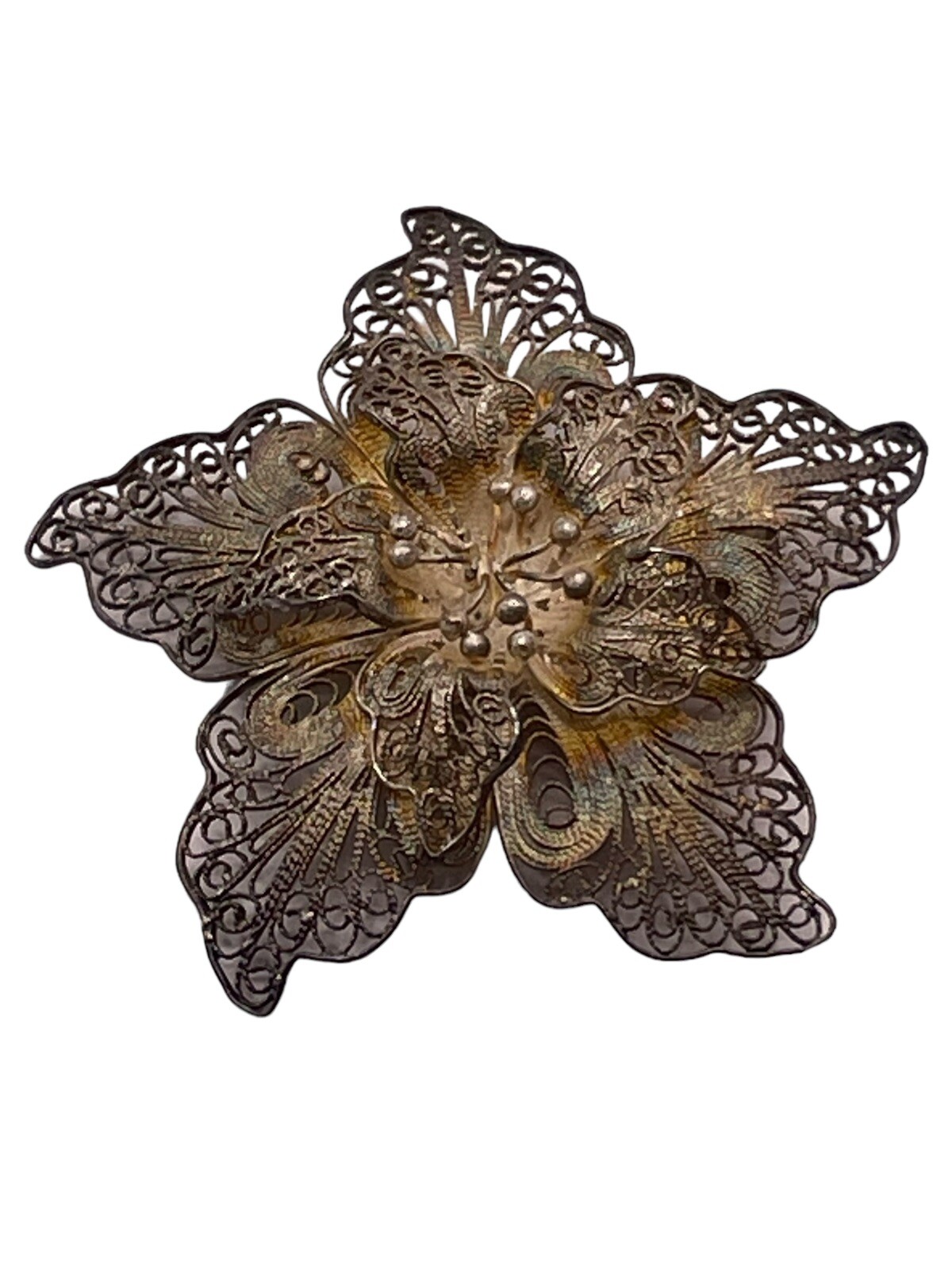 Vintage Filigree 800 Silver Flower Star Brooch Pin Swirl Layered Open Work