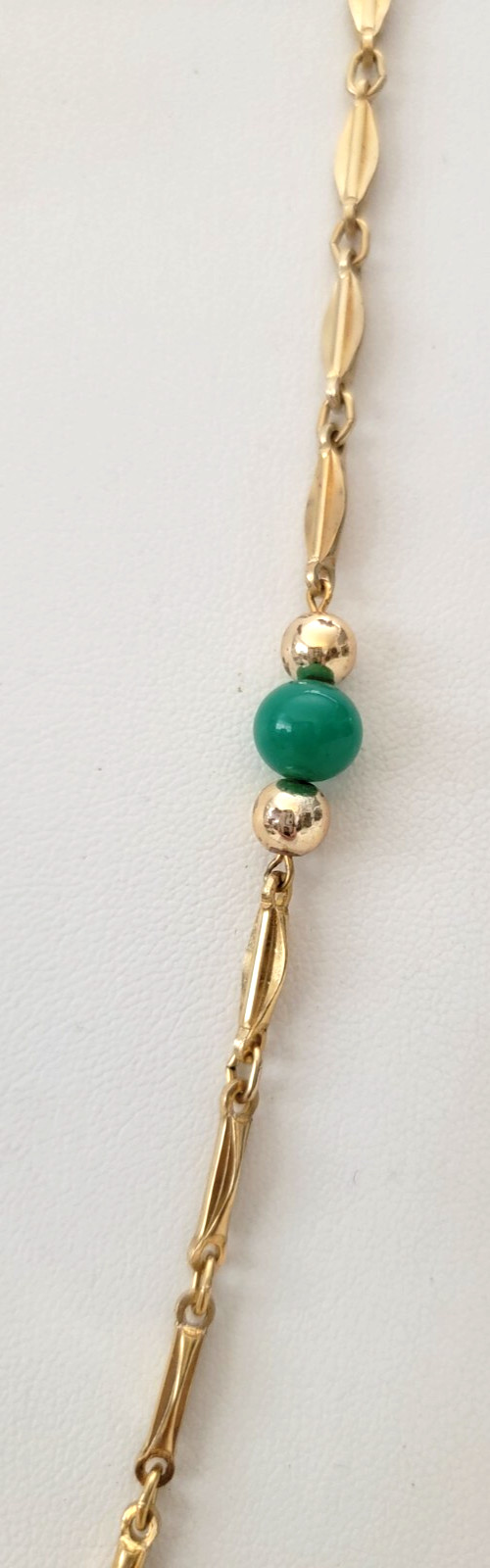 Vintage Green Peking Glass Beads Station Gold Tone Bar Link Chain Necklace 32″ L