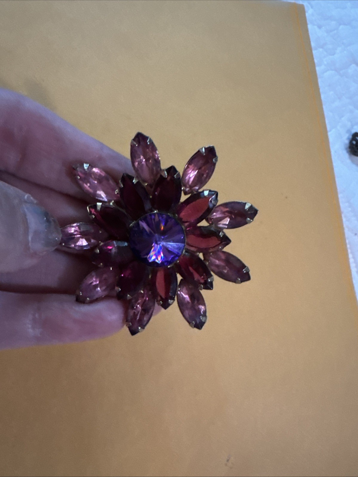 Vintage Dazzling Brooch~Heliotrope Center~Fuchsia & Red &Purple Colors Elegant!
