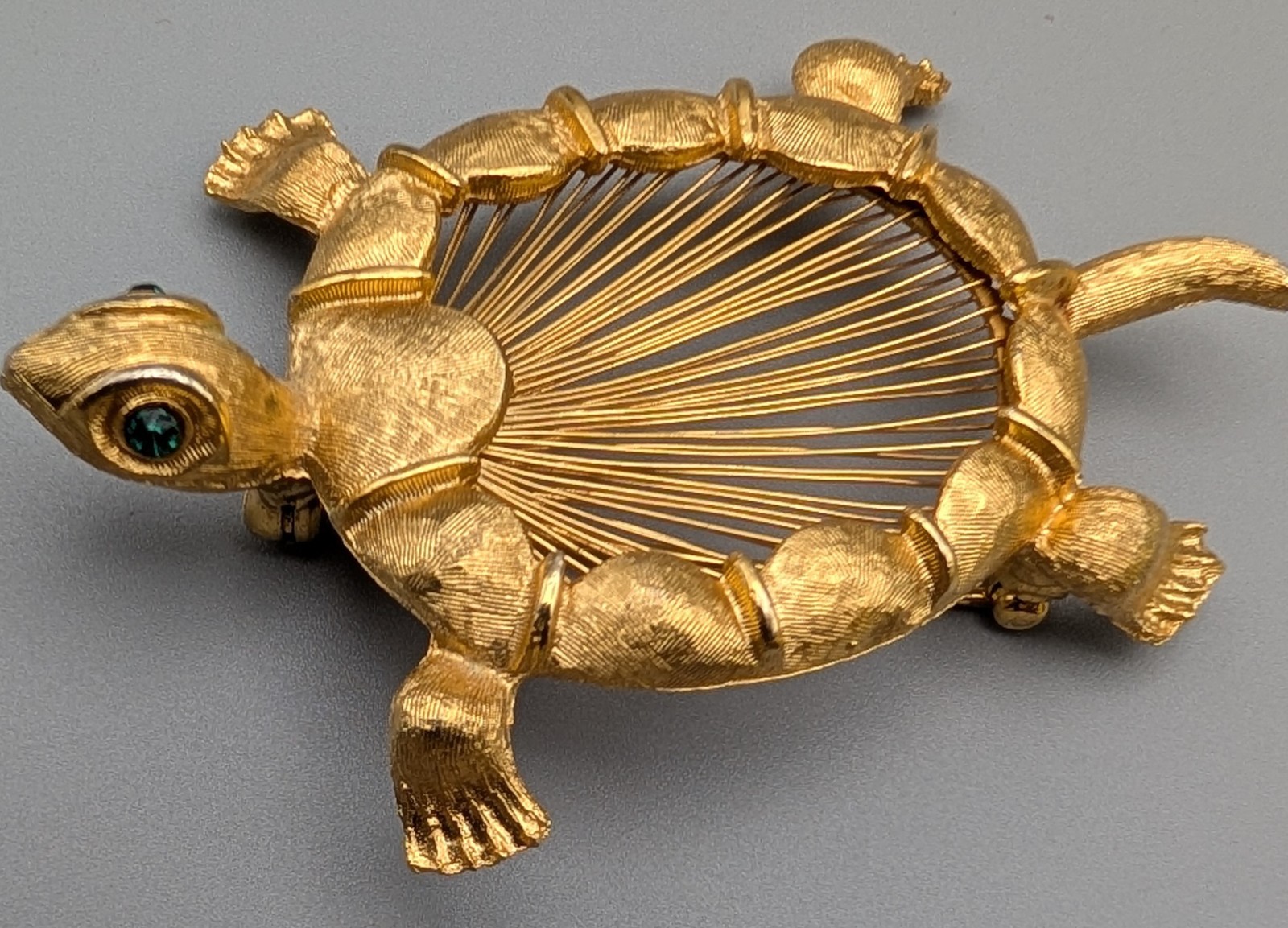 Vintage Monet Turtle Brooch Gold Tone Openwork Shell Green Rhinestone Eyes