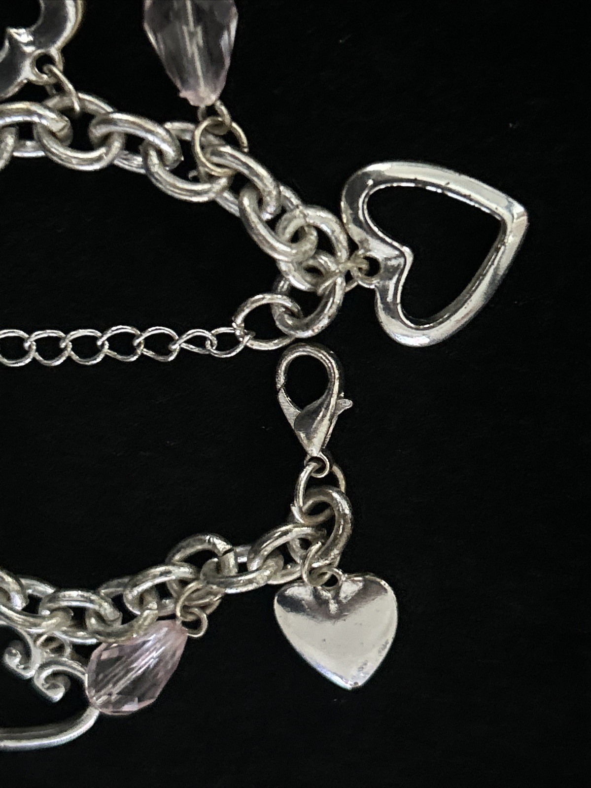 Vintage Silver Tone Heart Charm Bracelet Pink Rhinestone Dangle Lobster 8.5”Adj