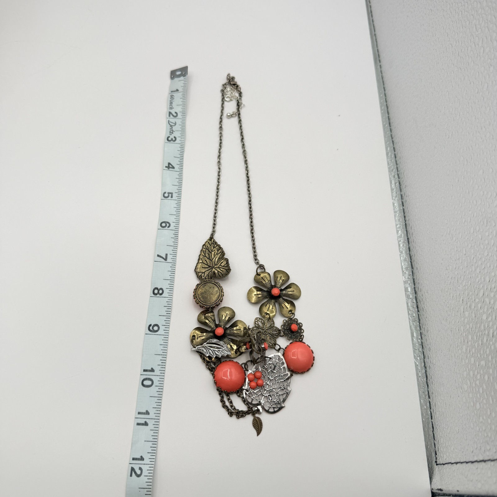 Vintage Bronze Tone Floral Bib Necklace Statement Orange Faux Coral Bead Boho