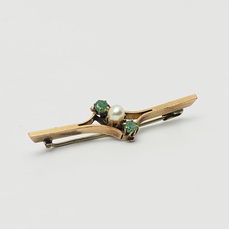 Antique pearl green emerald gold filled bar brooch pin