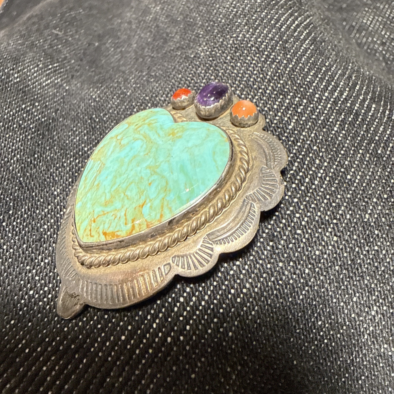 CM Gems Sterling Silver Turquoise Heart Removable Bail Pendant Brooch Spiny