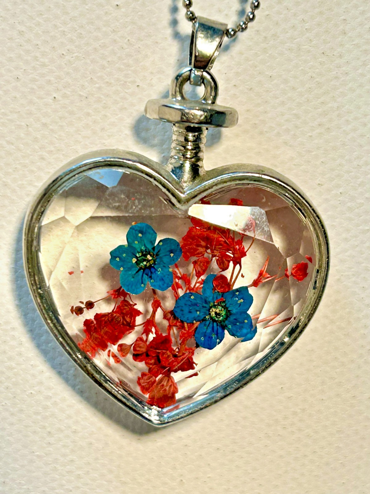 Vintage Heart Pendant Necklace Blue and Red Pressed Flowers