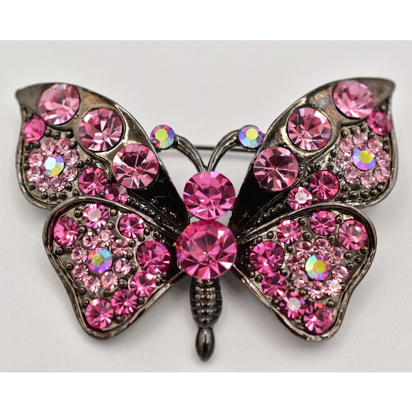 Vintage Crystal Butterfly Pin Brooch Pink Rhinestone Gunmetal Sparkling 90s Bin4