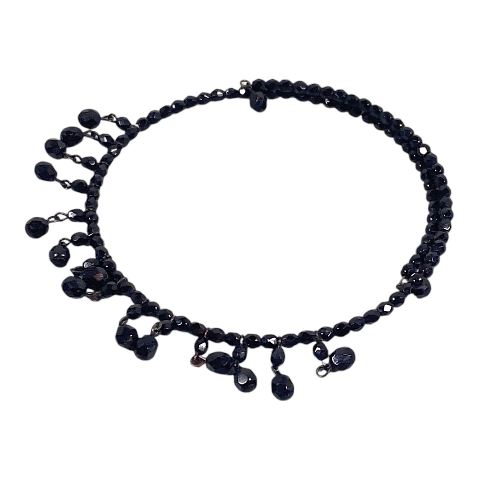 Victorian Revival Choker Necklace 16″ Black Glass Wire Dangle MCM VTG Witch Goth