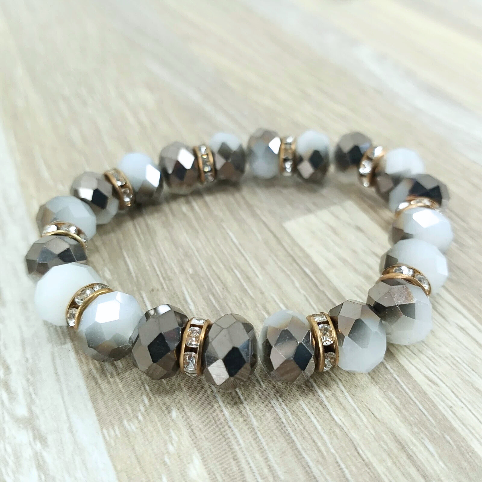 Beaded Stretch Bracelet Vintage Two Tone Faceted Beads