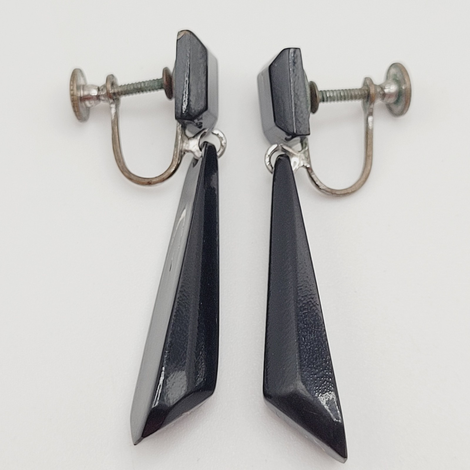 Hawaiian Natural Black Coral Vintage Screw Back Art Deco Style Dangle Earrings