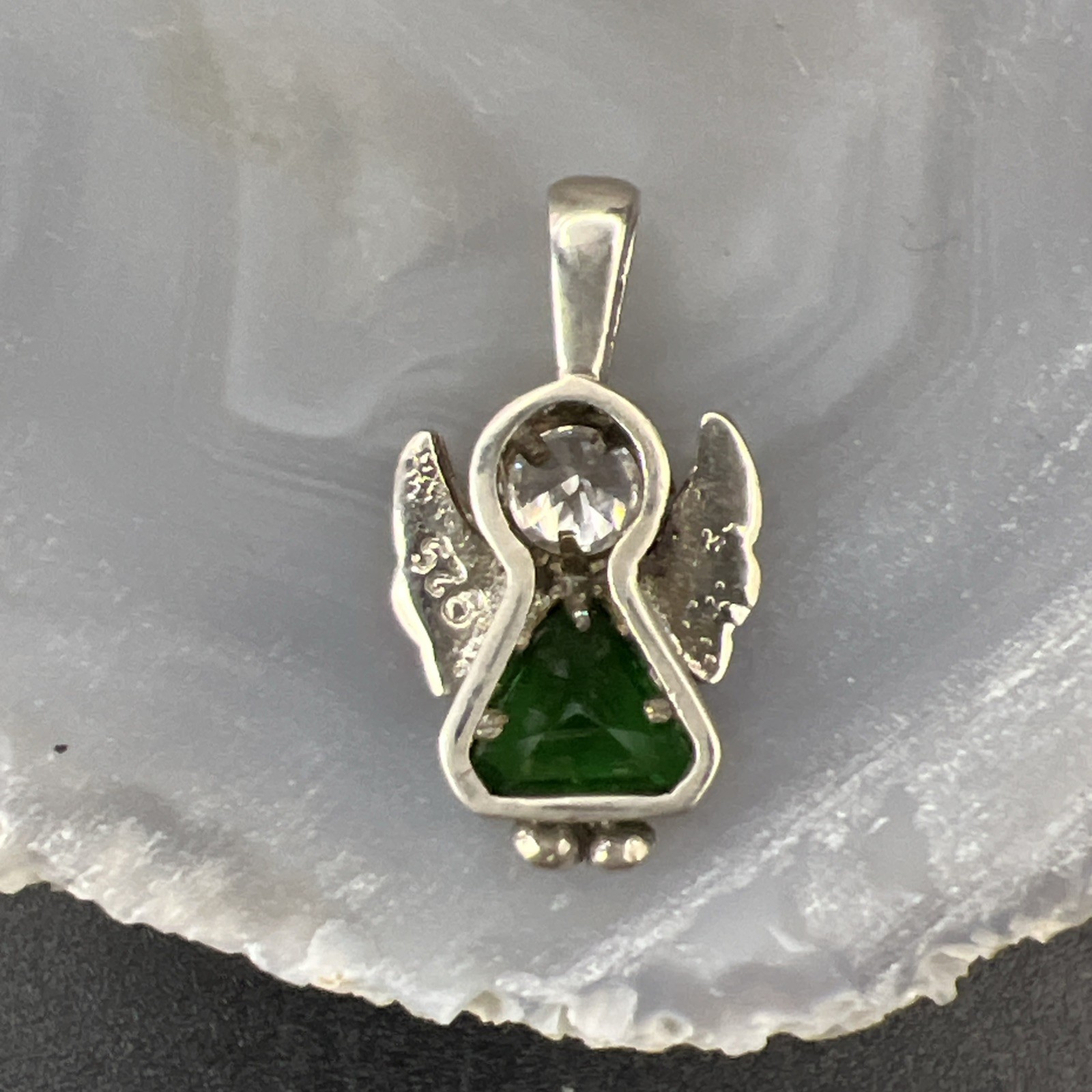 925 Sterling Silver Angel Pendant ~ May Green Birth Stone Girl Woman VTG 1” 2.1g