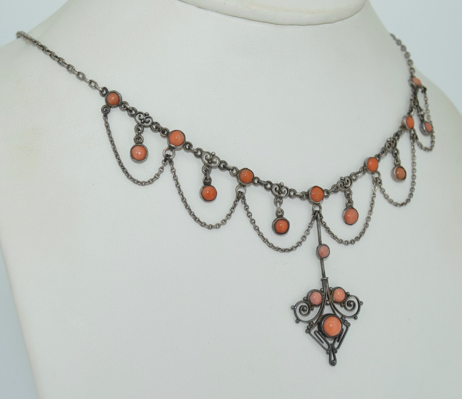 Victorian Sterling silver & Coral Swag Cannetille Necklace