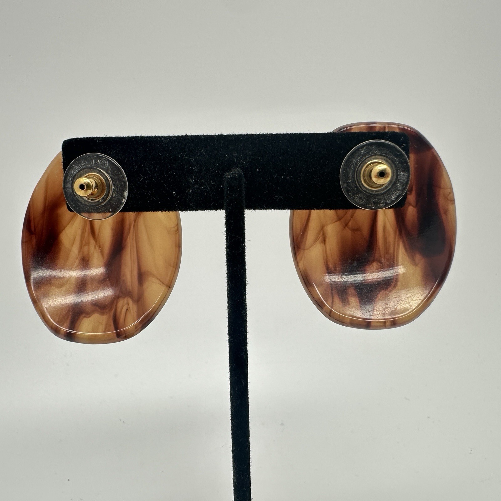 Monet Tortoise Shell Acrylic Stud Earrings Vintage Style Logo Signed