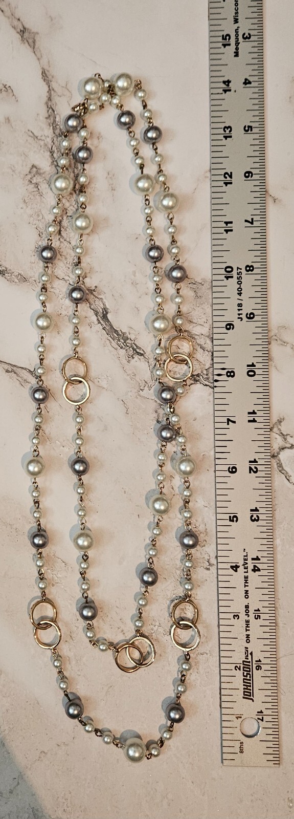 C1946 Single Strand Ivory and Grey Pearls on Gold Plated Chain