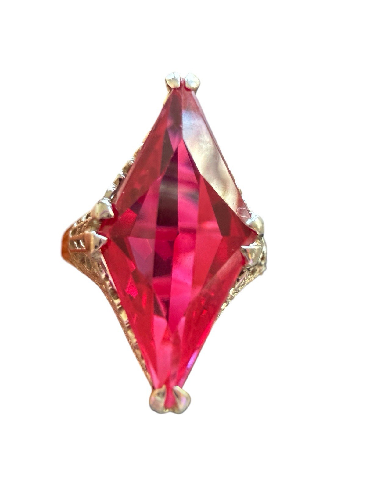 Antique Art Deco 14k White Gold Filigree Ring with a Kite Cut Ruby lab created