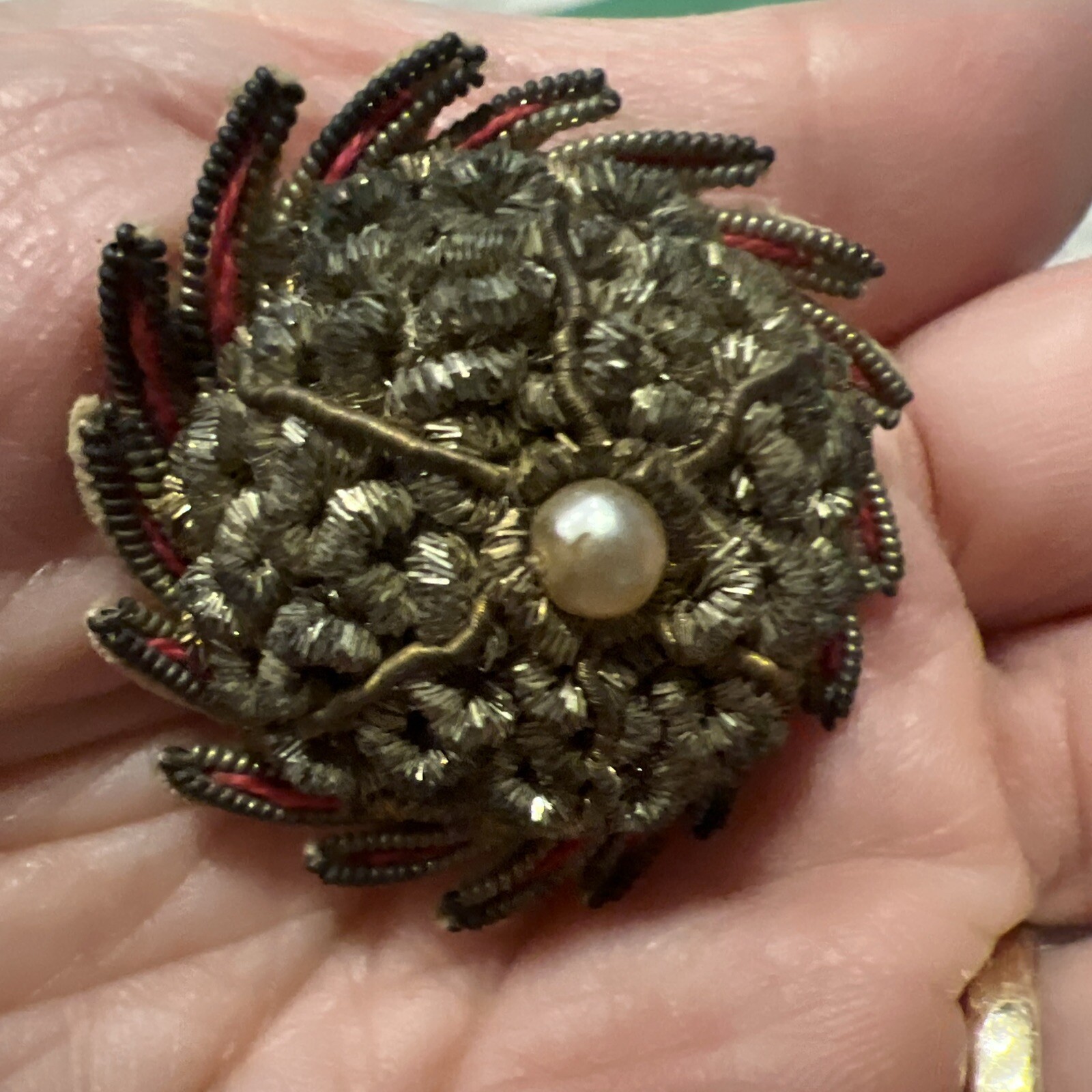 Antique Broche Gold Red Pearl Handmade -Read-