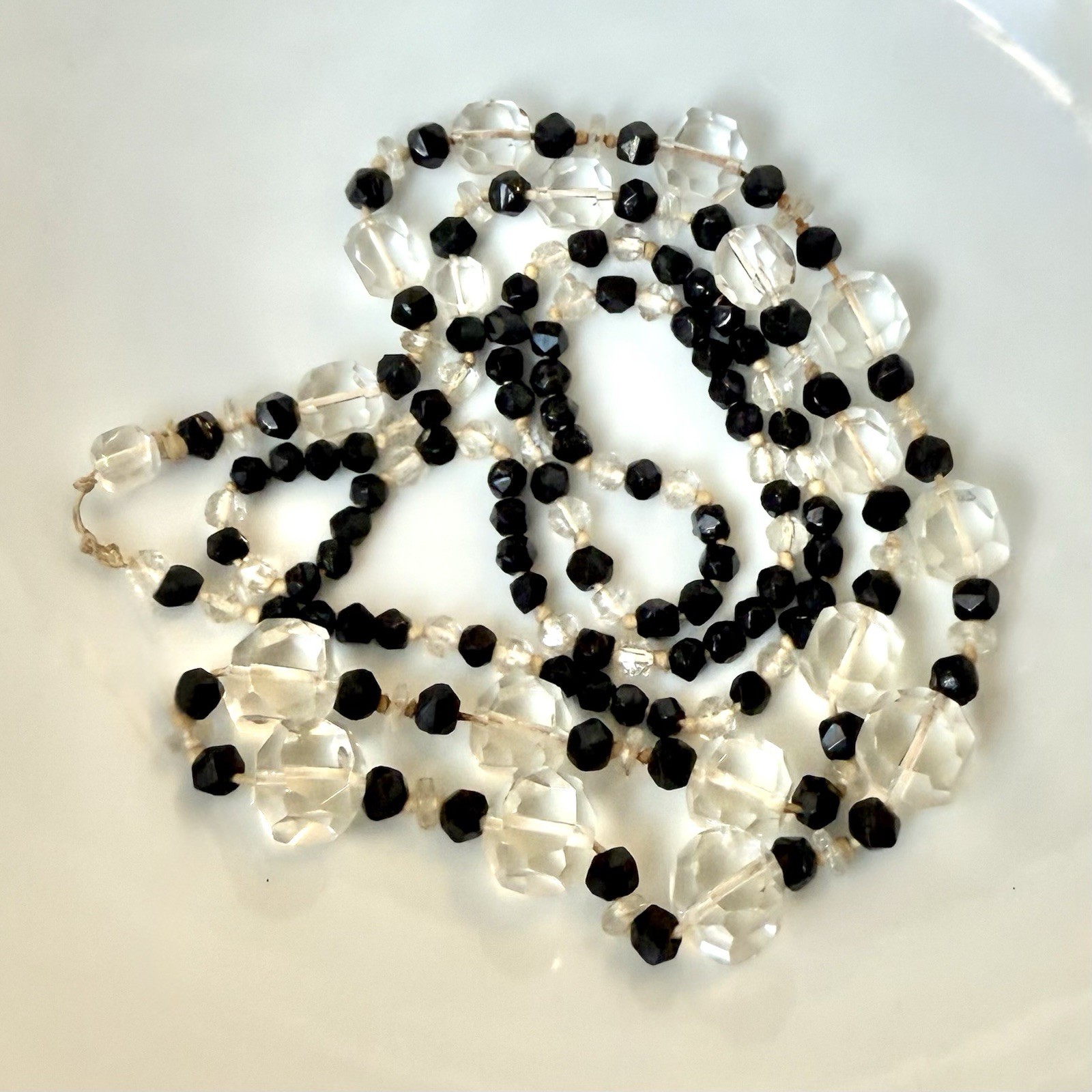 Vintage 38” Clear & Black Hand-Cut Glass Flapper Necklace Art Deco Style