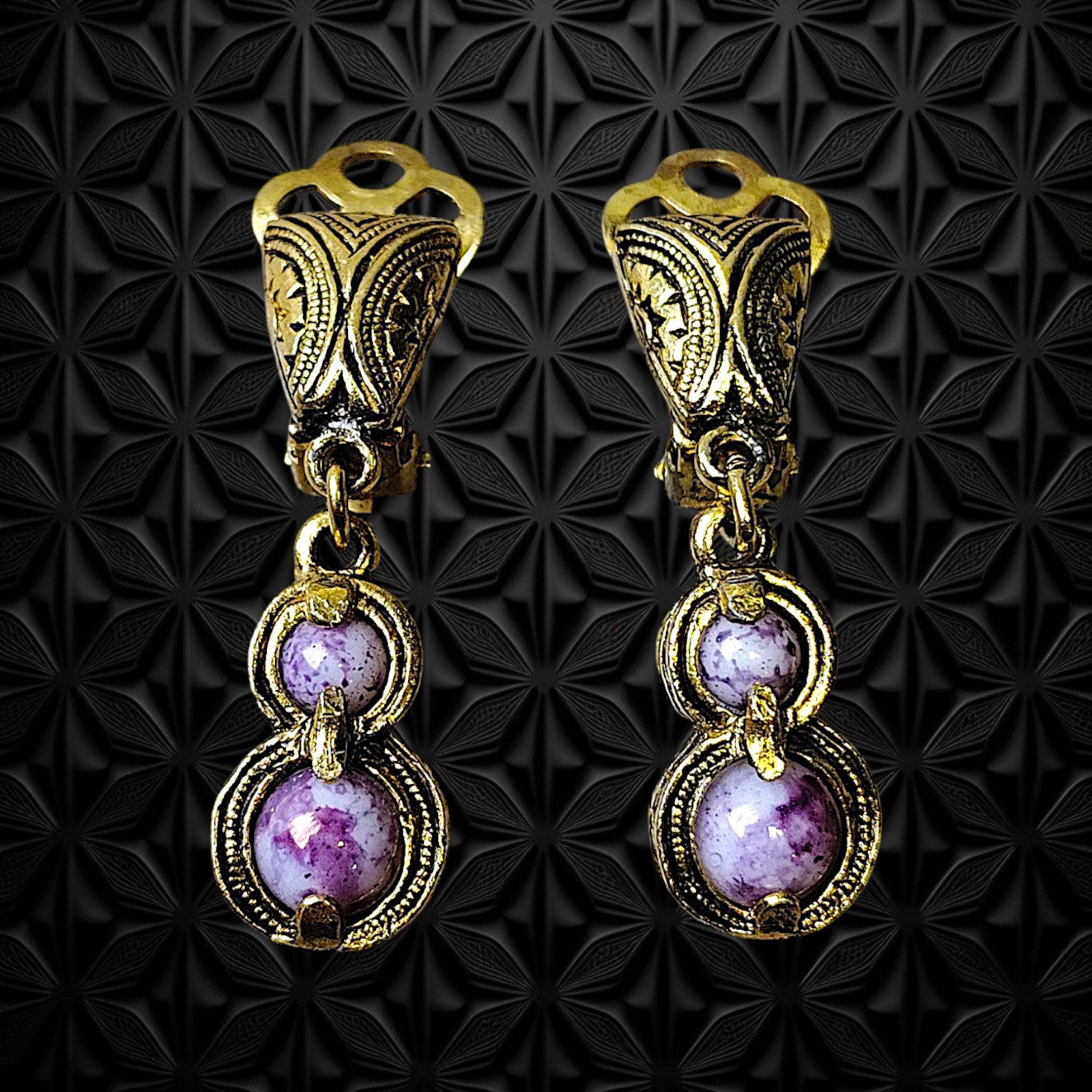 Vintage Gold-Tone Engraved Metal Black Outline With Two Purple Stones