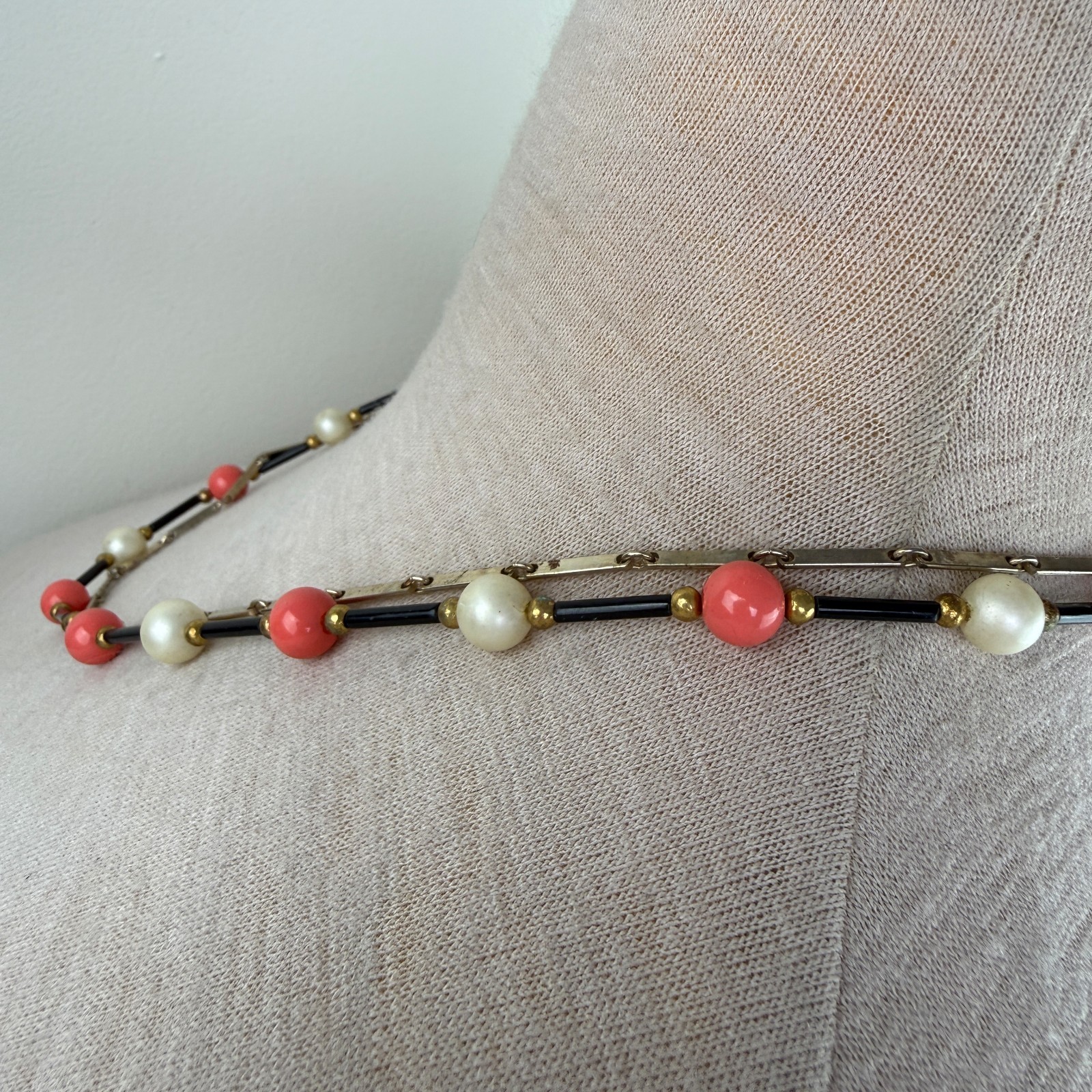 Vintage Two Strand Pink, Faux Pearl, Black Gold Tone Chain Necklace 22.5″