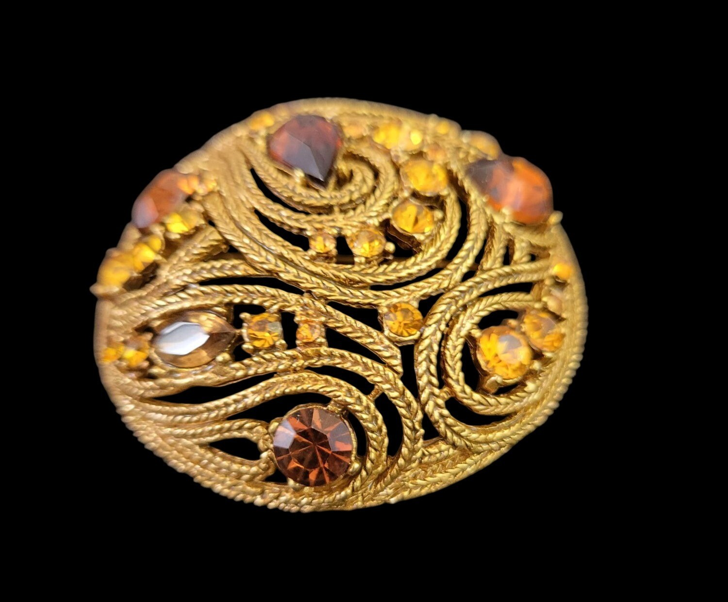 Rare Vintage La Roco Domed Brooch Braided Filigree Citrine Topaz Austrian Crysta