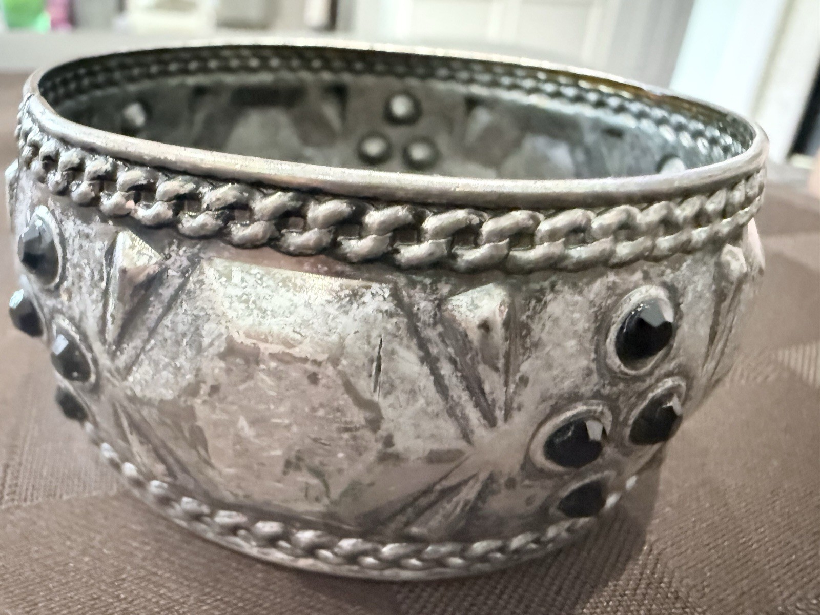 Vintage Wide Silvertone Tribal BangleBracelet with Black Stones