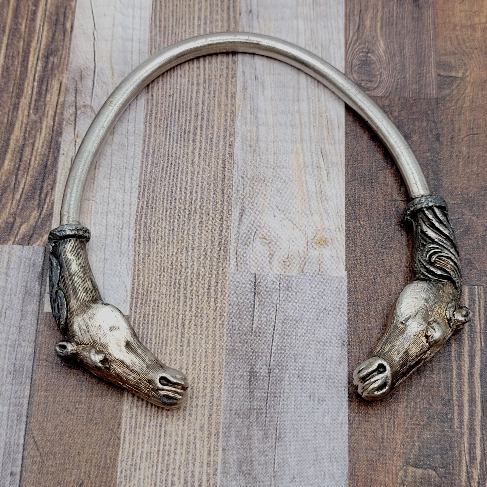 Double Horse Head Pewter Plated Copper w Patina Vintage 70s Torque Cuff Bracelet
