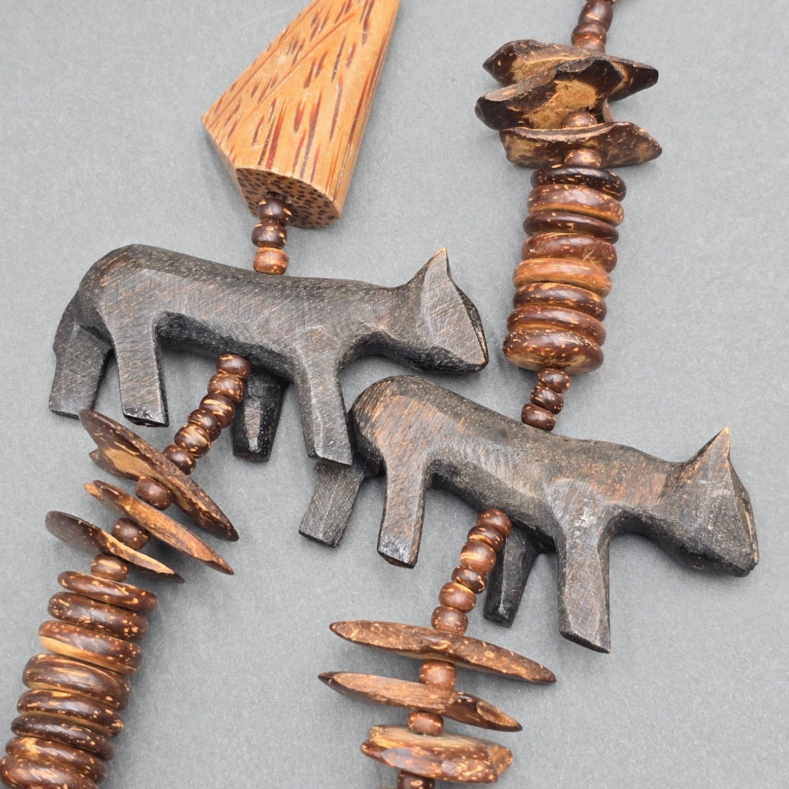 Vintage Tribal Wood Animal Necklace 26″ Brutalist Hand Carved Statement Piece