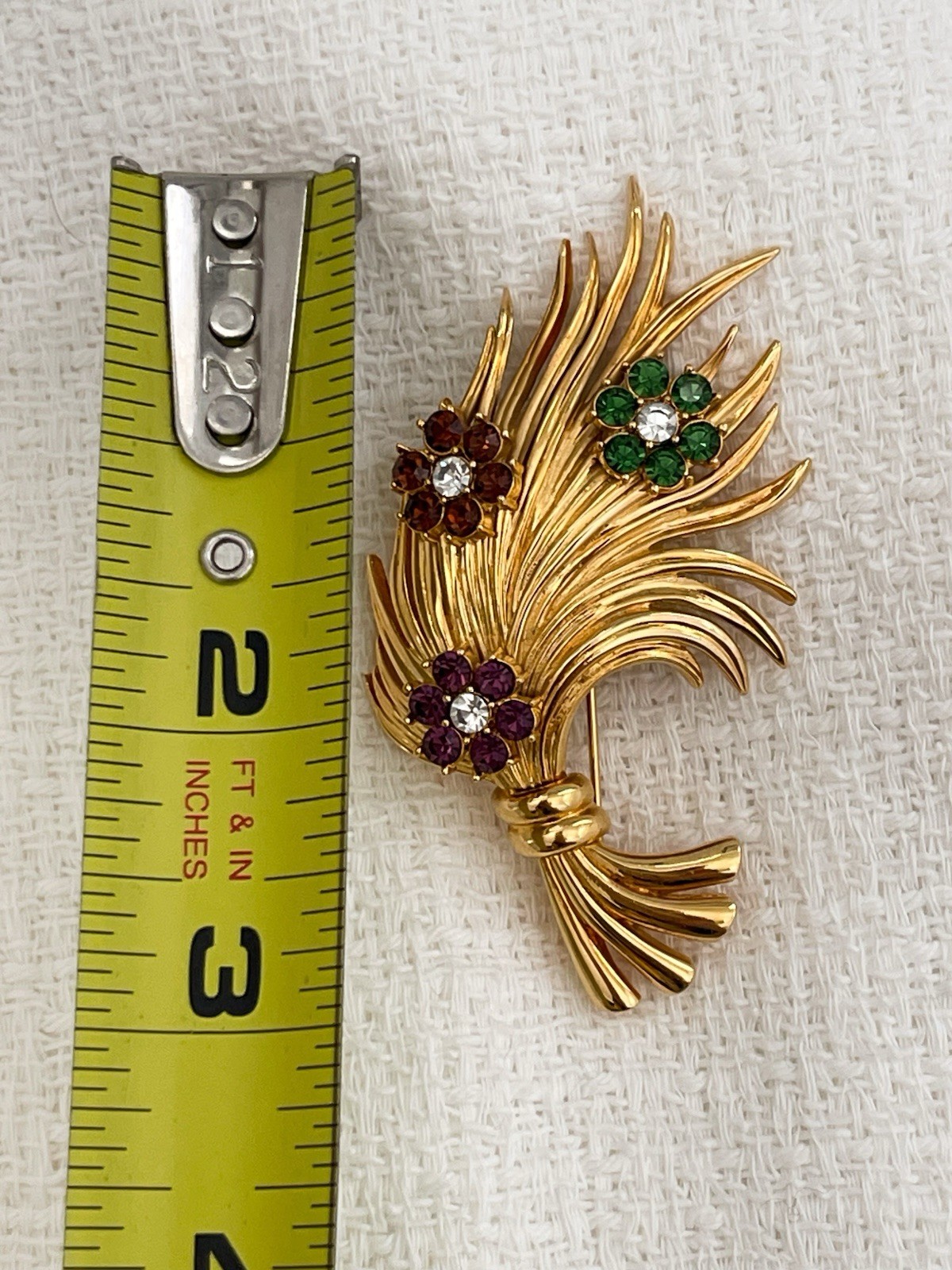 Vtg Signed Carolee Flower Bouquet Green Purple Brown Rhinestones Textured Brooch