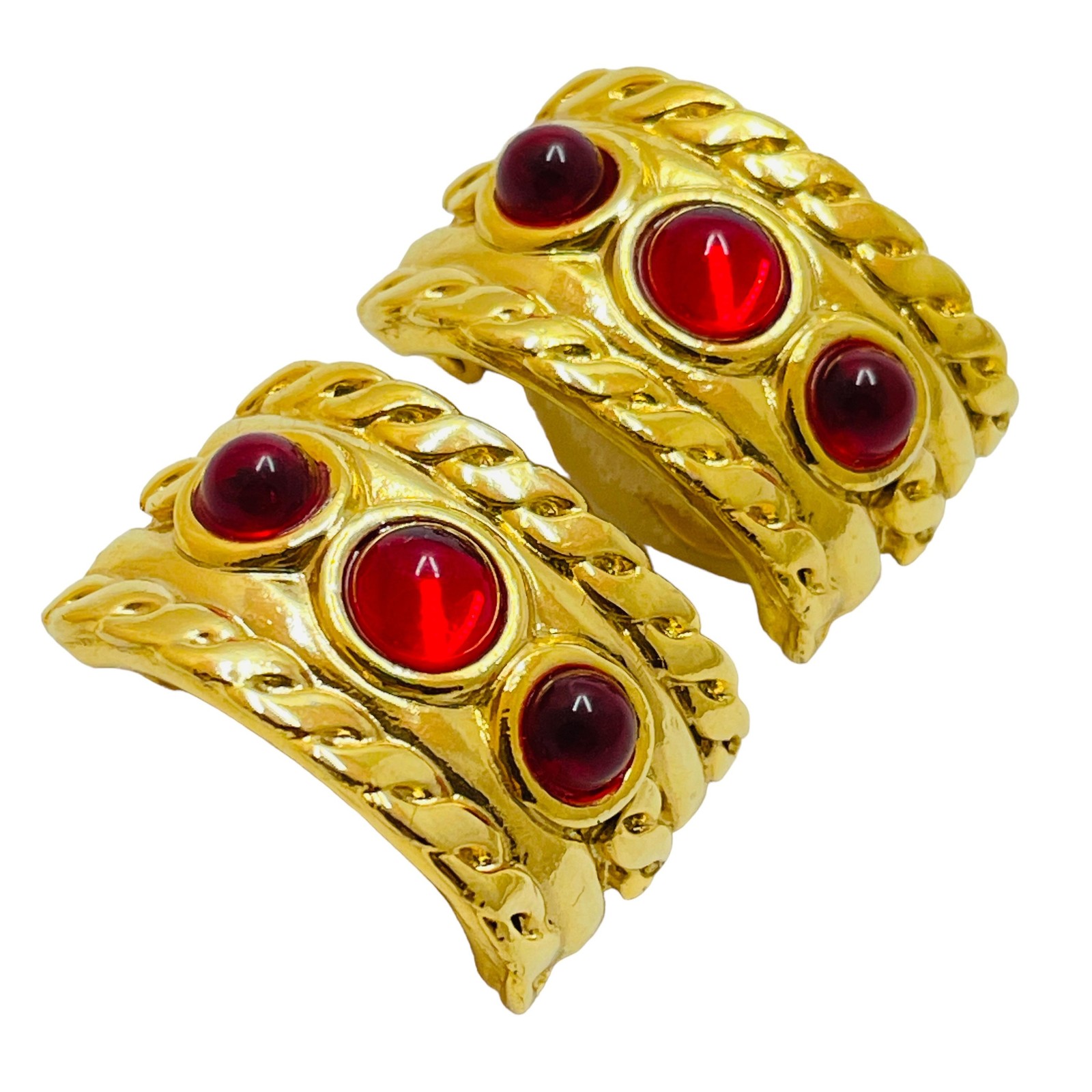 Vintage ANNE KLEIN gold red glass clip on earrings