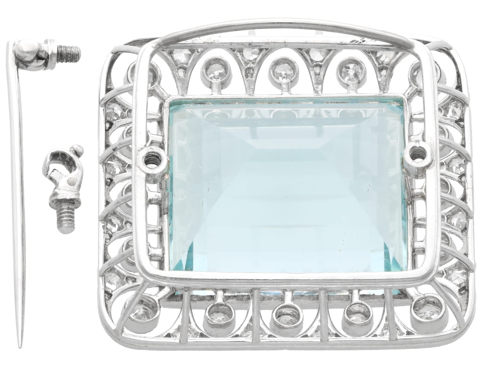 Antique 42.24Ct Aquamarine, 1.62Ct Diamond and Platinum Brooch / Pendant