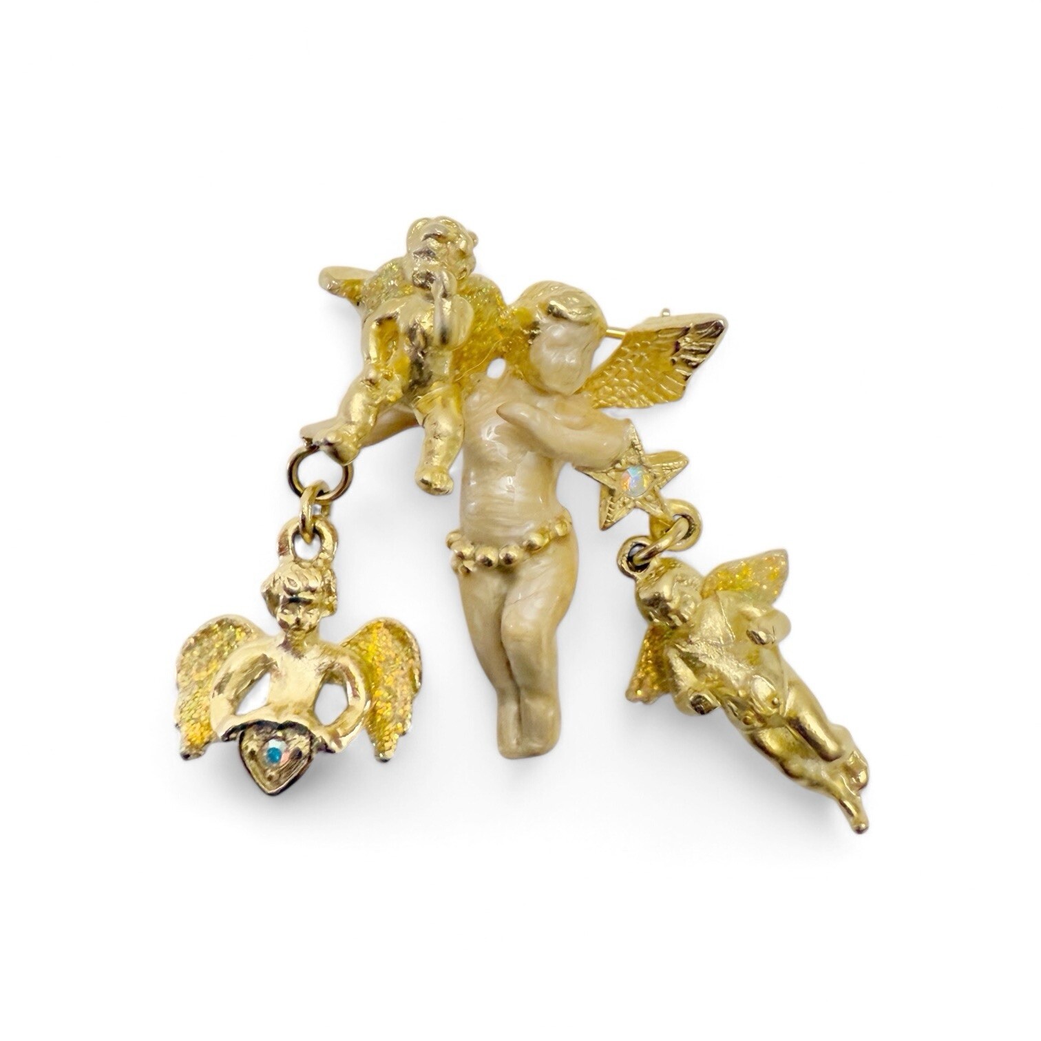 Vintage Kirks Folly Enamel Rhinestone Cherub Angel Dangle Goldtone Brooch Pin